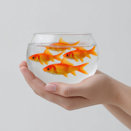 A hand gently holds a bowl containing several lively goldfish swimming in clear water, showcasing the beauty of aquatic life and the joy of pet ownership.の素材
