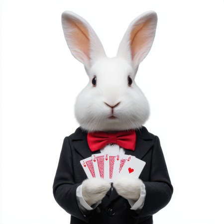This delightful image showcases a charming rabbit in a tuxedo holding playing cards. Ideal for creative projects, it evokes humor and whimsy, perfect for events or promotional materials.の素材