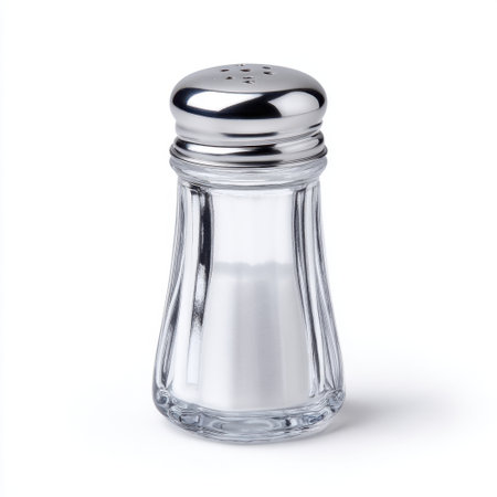 A minimalist glass salt shaker featuring a sleek metal lid, perfect for enhancing culinary presentations or adding a decorative touch to dining settings.の素材