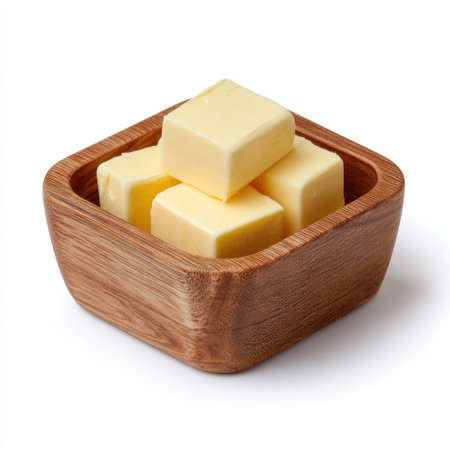 A delightful arrangement of fresh butter cubes set in a wooden bowl creates a rustic charm, ideal for culinary photography or food-themed projects.の素材