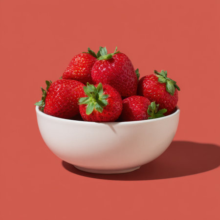 A stunning composition of fresh, ripe strawberries in a simplistic white bowl, set against a vibrant coral background. Perfect for lifestyle and culinary themes.の素材