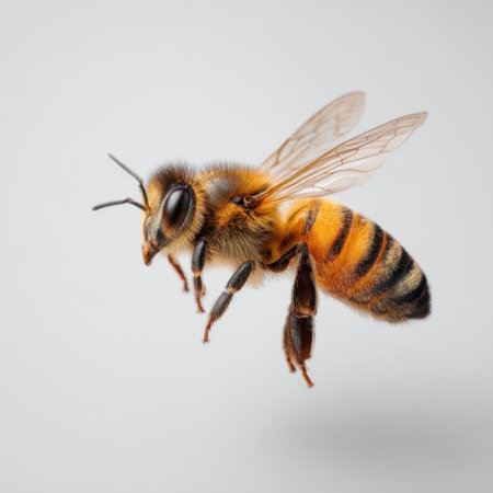 A stunning close-up image of a honey bee in mid-flight, showcasing its intricate wing structure and vibrant body colors against a soft backdrop. Perfect for nature enthusiasts and educators.の素材