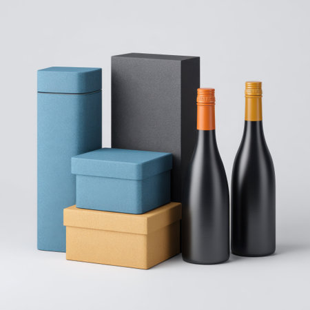 A stylish arrangement of wine bottles alongside various gift boxes, showcasing modern design and elegance, perfect for festive events and celebrations.の素材