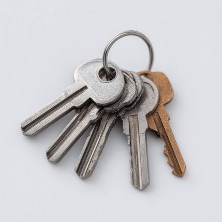 A close-up image of assorted metal keys on a keyring. The keys vary in shape and color, perfect for representing security, access, and organization in various artistic projects.の素材