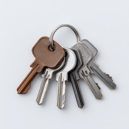 This image features five distinct keys on a split ring, showcasing various shapes and colors against a clean white background, highlighting their utility.の素材