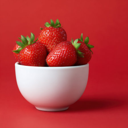 Bright red strawberries sit in a white bowl against a vibrant red background, showcasing their freshness and juiciness, ideal for culinary use and lifestyle imagery.の素材