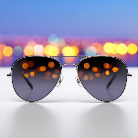 A pair of stylish sunglasses with reflective lenses set against a vibrant bokeh background, evoking a relaxed urban evening atmosphere. Perfect for fashion and lifestyle themes.の素材