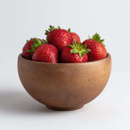 A beautifully arranged bowl of fresh strawberries highlights the vibrant red color and juicy texture, perfect for healthy snacking, culinary uses, or decoration.の素材