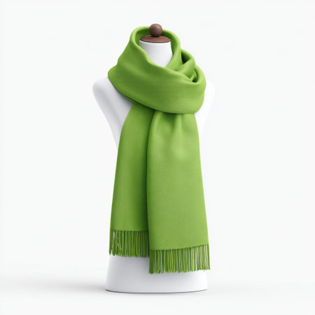 This bright green soft scarf is elegantly draped over a mannequin, featuring stylish fringes. Ideal for fashion displays and winter accessories.の素材