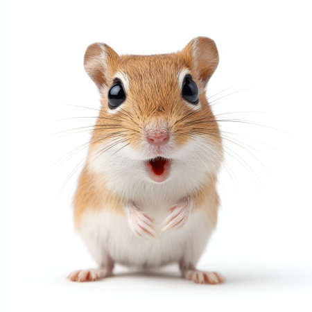 This image showcases a charming gerbil with fluffy fur and bright eyes, displaying a cute expression of surprise, ideal for pet-themed projects.の素材