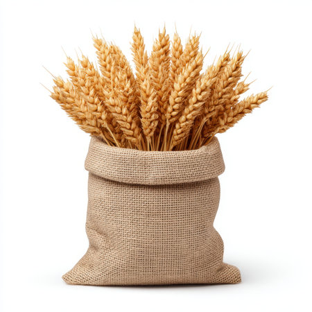 A burlap sack overflowing with golden wheat stalks, perfect for agricultural themes, rustic decor, or culinary presentations in natural settings.の素材