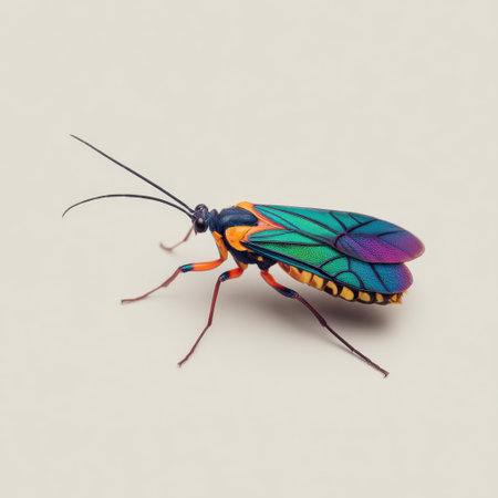 This stunning macro photograph showcases a colorful insect featuring iridescent wings and intricate patterns. Ideal for nature and wildlife enthusiasts.の素材