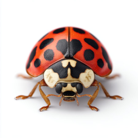 A highly detailed close-up image of a ladybug showcasing its vibrant red wings with striking black spots, perfect for nature enthusiasts and educational purposes.の素材