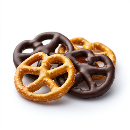 An appetizing assortment of pretzel snacks featuring classic and milk chocolate varieties arranged elegantly on a white background, perfect for any snack occasion.の素材