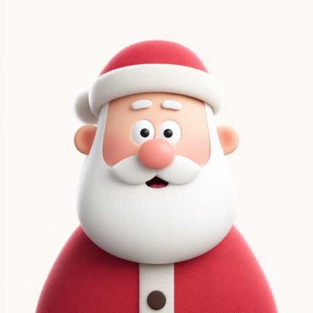 Bright and cheerful cartoon Santa Claus character featuring a classic red suit, joyful expression, and snowy white beard against a soft light background.の素材