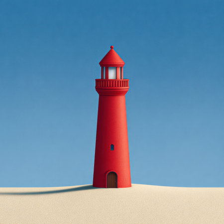 A striking red lighthouse stands majestically on a sandy beach, surrounded by a clear blue sky. This serene coastal scene evokes tranquility and adventure.の素材