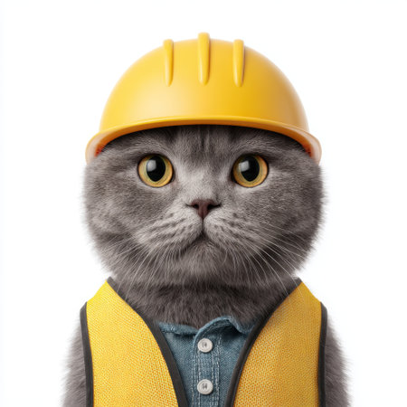 This adorable cat, wearing a hard hat and safety vest, embodies a whimsical take on the construction theme. Perfect for family projects and fun designs!の素材