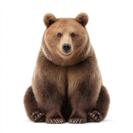 This striking image features an adorable brown bear sitting peacefully against a neutral background. The bear's expressive eyes and fluffy fur evoke a sense of calm, making it an ideal representation of wildlife in a serene setting.の素材