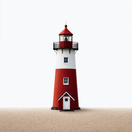 A striking red lighthouse stands proudly on a sandy beach, reaching towards a clear blue sky. This tranquil coastal scene captures the essence of peaceful solitude, perfect for travel enthusiasts and photography lovers.の素材