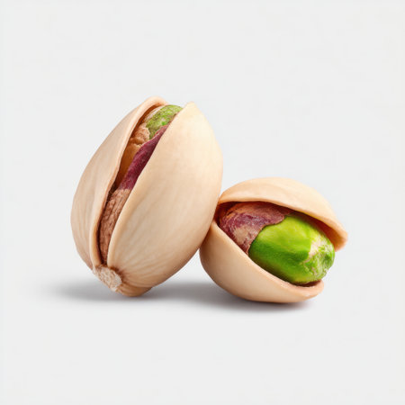 A captivating image featuring two open pistachio nuts, showcasing their vibrant green kernels. Perfect for food enthusiasts and snack lovers.の素材