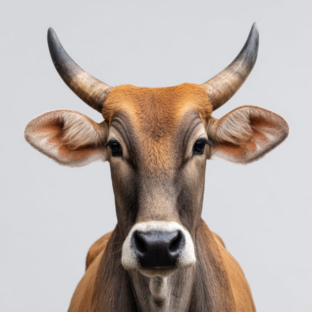 This close-up portrait captures a brown dairy cow's distinctive features, showcasing its friendly expression and healthy coat, perfect for agricultural themes.の素材