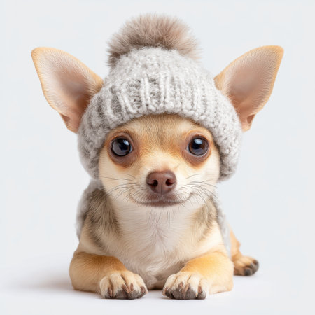 This charming Chihuahua puppy, wearing a cozy knit hat with a pom pom, showcases a delightful expression in a soft light, capturing the essence of pet companionship.の素材