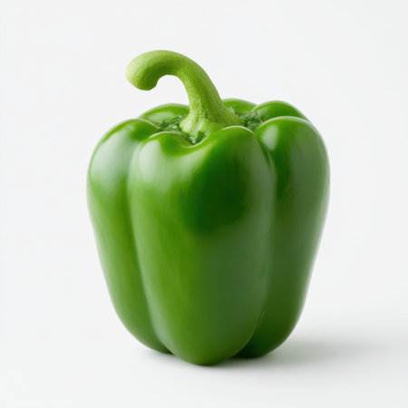 This image features a fresh green bell pepper set against a plain white background, highlighting its vibrant color and smooth texture. Ideal for food-related projects.の素材