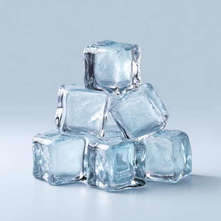 A stunning arrangement of clear ice cubes stacked harmoniously against a soft blue background, perfect for refreshing beverage concepts and creative culinary presentations.の素材