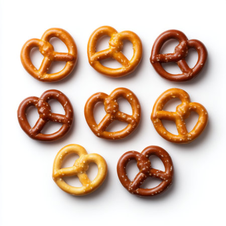 An assortment of delicious pretzels in different colors and textures arranged on a clean white background. Perfect for food photography and snack promotion.の素材