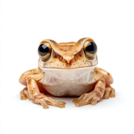 This close-up photograph showcases a brown frog with vibrant eyes against a plain white background, emphasizing the intricate details and textures of its skin. Ideal for nature enthusiasts and educators.の素材