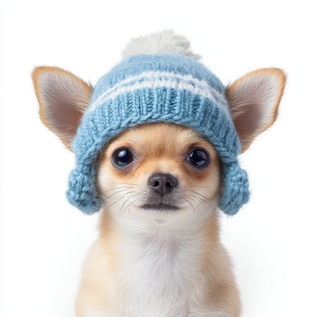 This charming chihuahua puppy, wearing a cozy blue knit hat with a pom-pom, showcases an endearing expression perfect for pet lovers and photographers.の素材