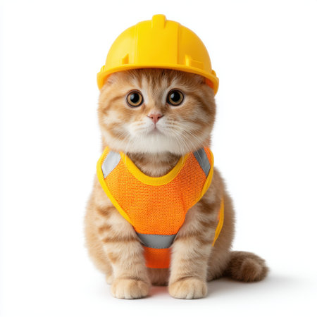 This charming cat dressed in a hard hat and safety vest captures the spirit of teamwork and fun in construction. A delightful image perfect for various creative projects.の素材