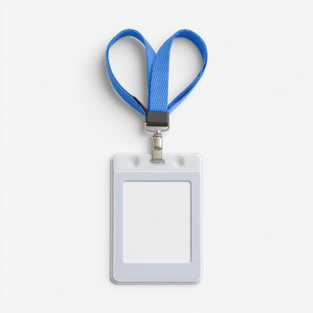 This image features a blank ID badge attached to a blue lanyard, ideal for corporate events, conferences, or personal uses. Perfect for customization!の素材