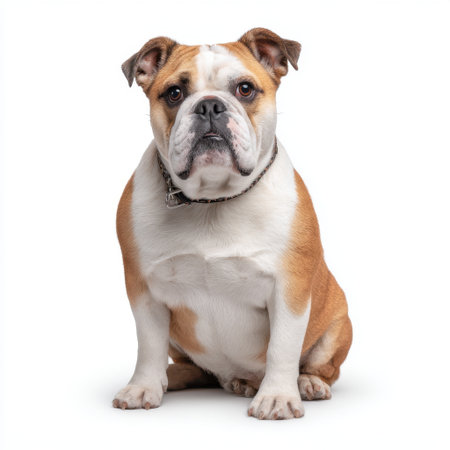 This charming English Bulldog showcases a gentle expression while sitting confidently in a studio environment, radiating warmth and loyalty.の素材