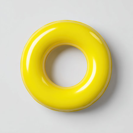 A glossy yellow donut shape isolated against a light background, ideal for modern design projects, playful themes, and creative expressions.の素材