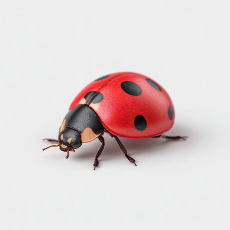 This image features a bright red ladybug with distinctive black spots captured in stunning detail, showcasing its unique features and colors against a plain background.の素材
