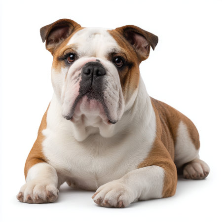 This image showcases a charming bulldog lying down, highlighting its unique fur patterns and friendly demeanor. Ideal for pet lovers.の素材