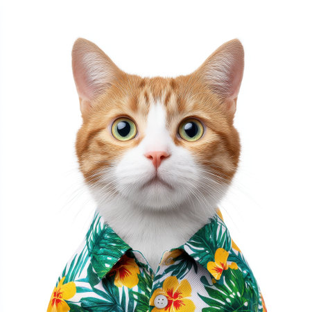 A charming portrait of a cat wearing a vibrant tropical floral shirt, showcasing its playful expression and captivating eyes against a clean white background.の素材