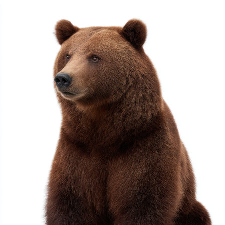 This captivating image features a brown bear in a close-up portrait, highlighting its impressive fur texture and expressive face against a clean white background.の素材