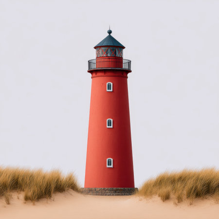 A striking red lighthouse stands tall amidst golden sand dunes, framed by the serene ocean waves under a clear blue sky. A perfect coastal scene.の素材
