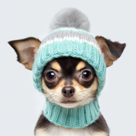 A charming Chihuahua in a stylish knitted hat and matching scarf, showcasing its adorable face and playful demeanor in a light studio setting.の素材