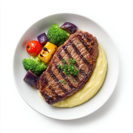 A beautifully plated grilled steak served with creamy mashed potatoes and a medley of vibrant vegetables, ideal for food photography and culinary design.の素材