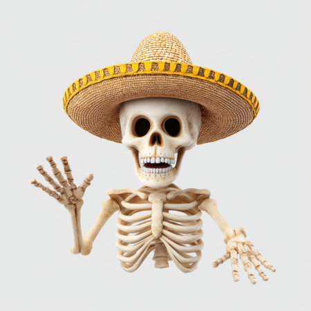 A whimsical skeleton character wearing a colorful sombrero waves cheerfully, embodying a festive spirit and adding a unique touch to any holiday celebration.の素材