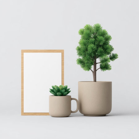 A minimalist indoor plant arrangement featuring a stylish pot, a small mug, and a blank frame, perfect for modern home decor and relaxation.の素材