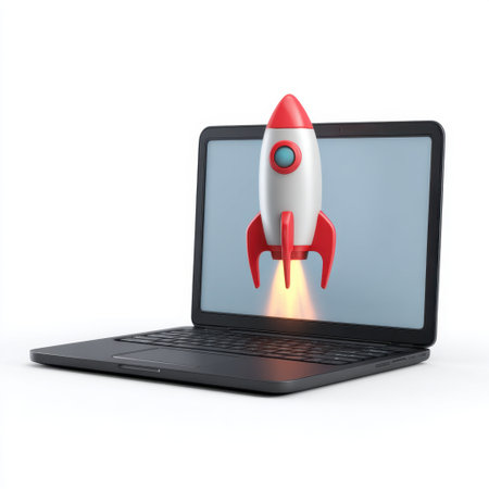A vibrant digital illustration showing a rocket launching from a laptop screen, capturing the concept of innovation and technological advancement in a workspace setting.の素材
