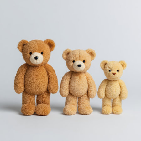 This image features three charming teddy bears in varying sizes, highlighting their soft textures and warm colors. Ideal for children's themes, gifts, and decor.の素材