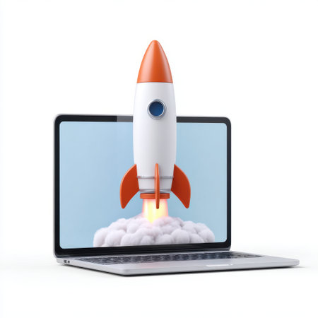 A stunning visual of a rocket launching from a laptop screen, symbolizing the intersection of technology and innovation. Perfect for concepts on digital growth.の素材
