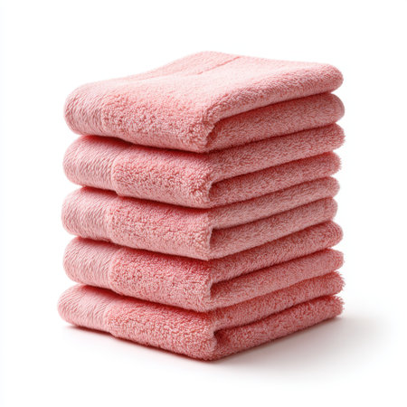 A neat stack of soft pink towels showcasing plush texture on a clean white background ideal for home decor and lifestyle themes. Perfect for spa and bathroom scenes.の素材
