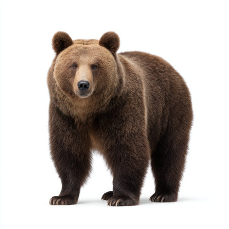 A stunning portrait of a brown bear standing upright with a white backdrop. This image captures the wild beauty and powerful presence of this iconic mammal.の素材