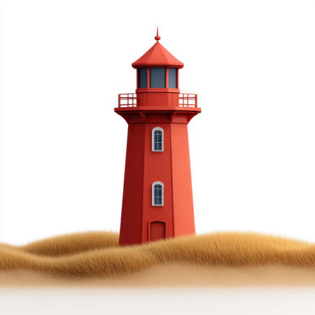 A striking red lighthouse stands tall amidst gentle sandy dunes, capturing a sense of tranquility and scenic beauty in a vibrant illustrative style.の素材